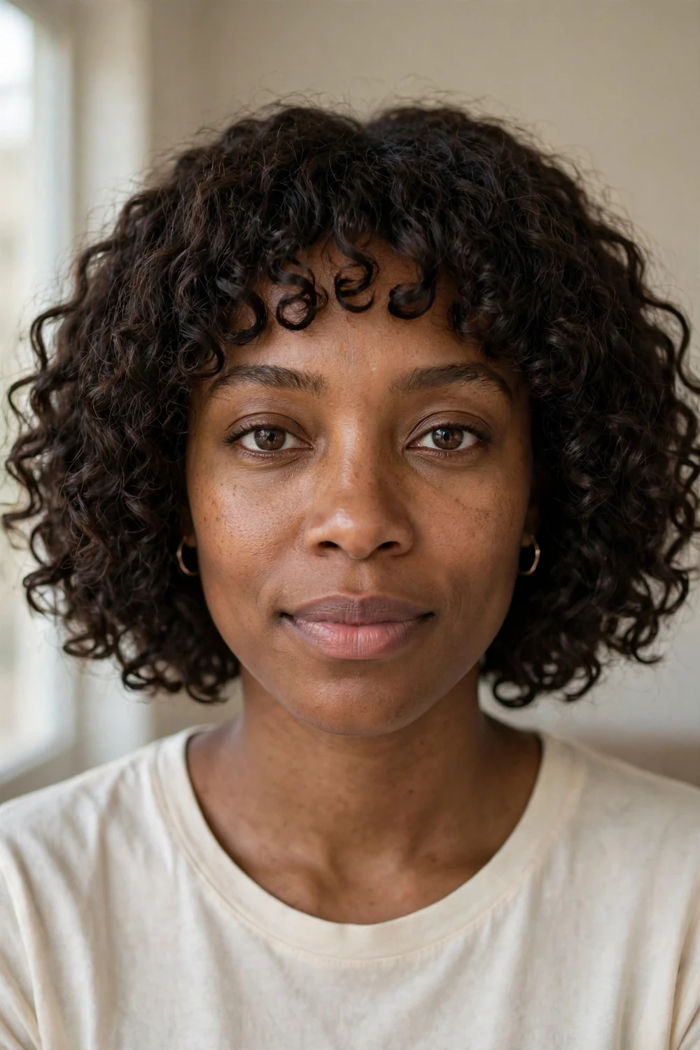 Curly bob with curly bangs on thin hair