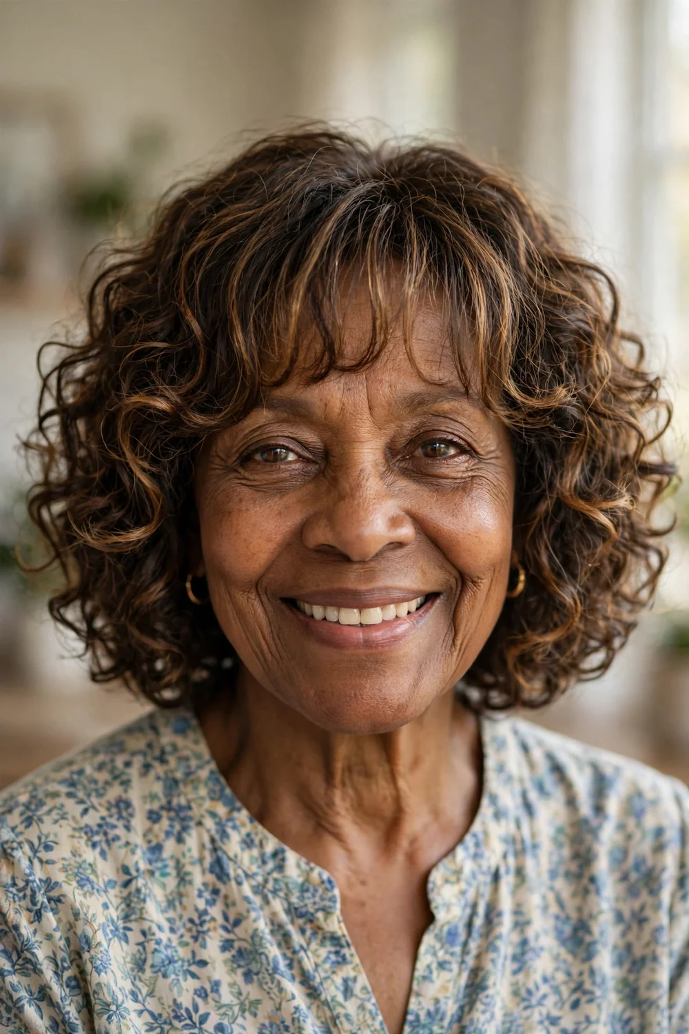 60-year-old Black woman with dark curly bob and curtain bangs