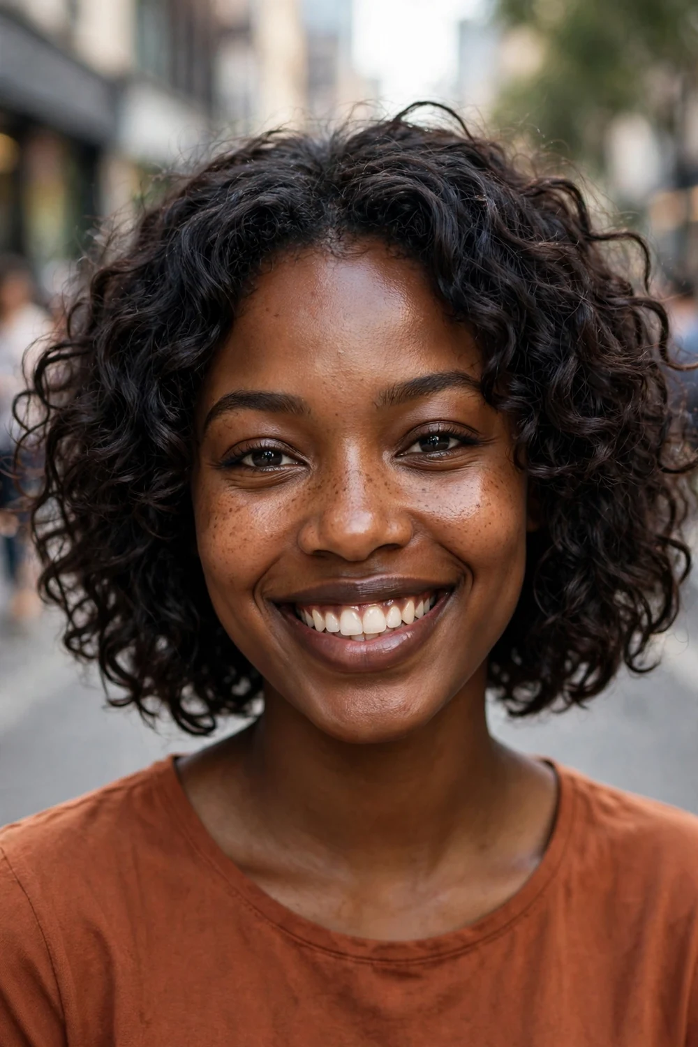 Black woman in her mid-20s with light freckles and a chin-length curly bob