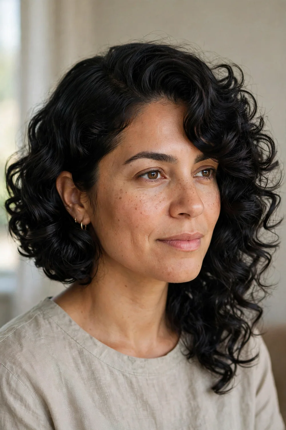Woman with a curly bob styled with a deep side part sweeping curls across