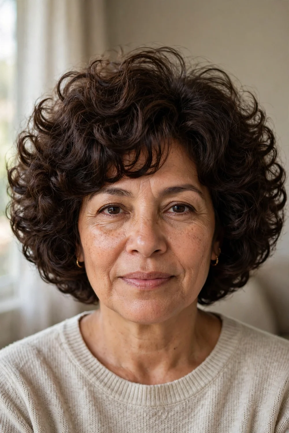 Woman with a dimensional curly bob with a round three-dimensional shape