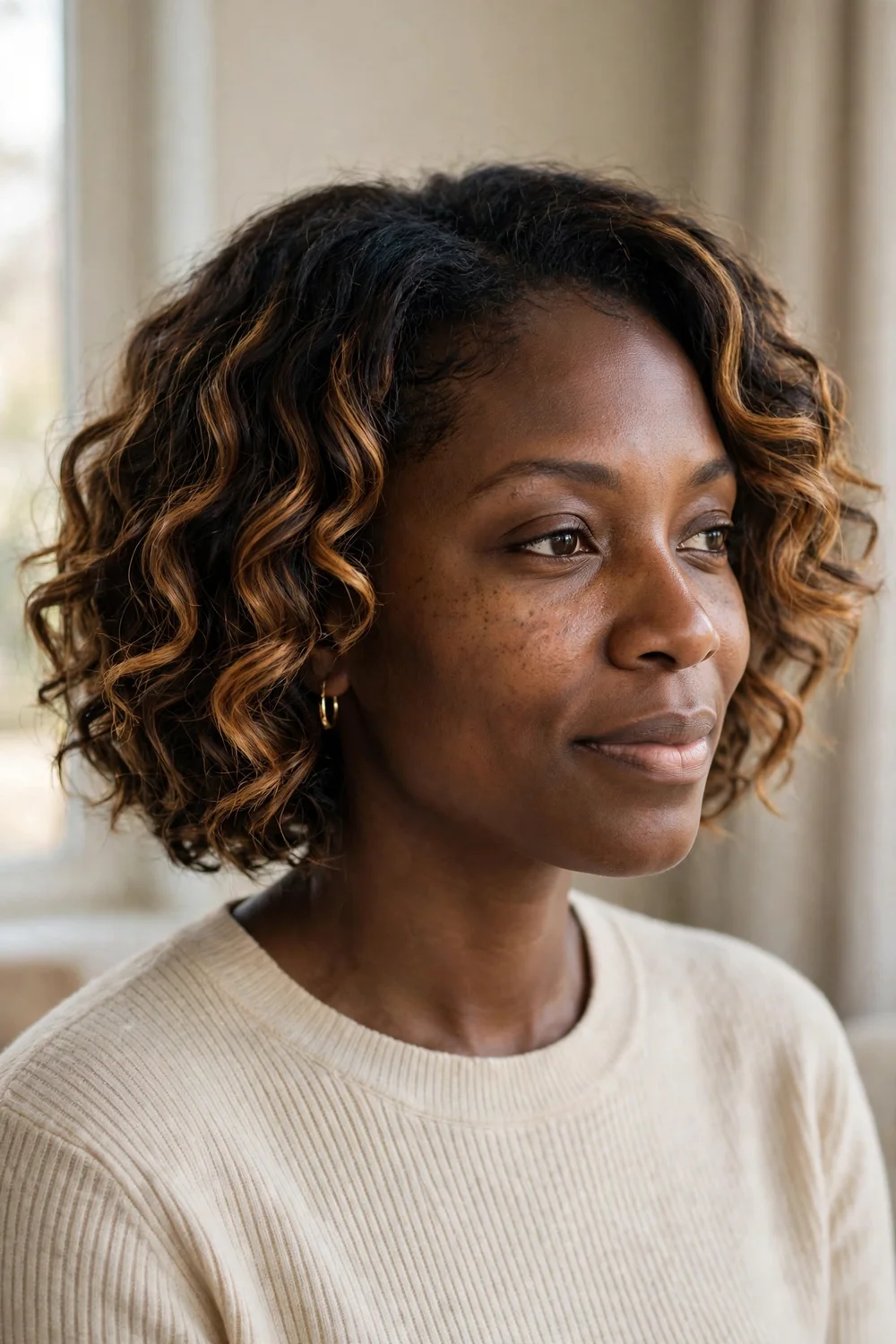 Woman with dark brown curly bob, warm balayage and dark espresso roots