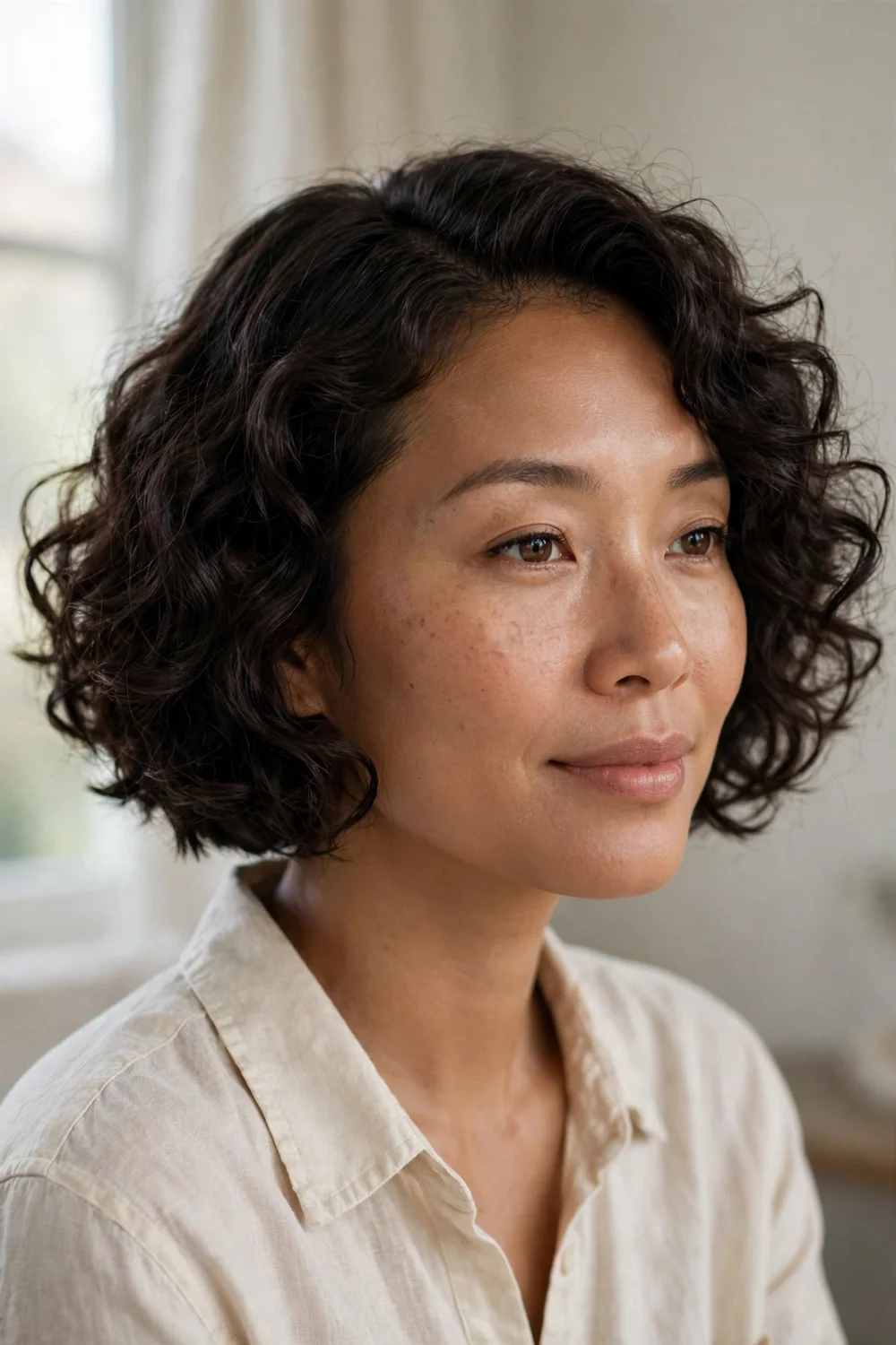 Woman with a short chic French curly bob with a blunt line