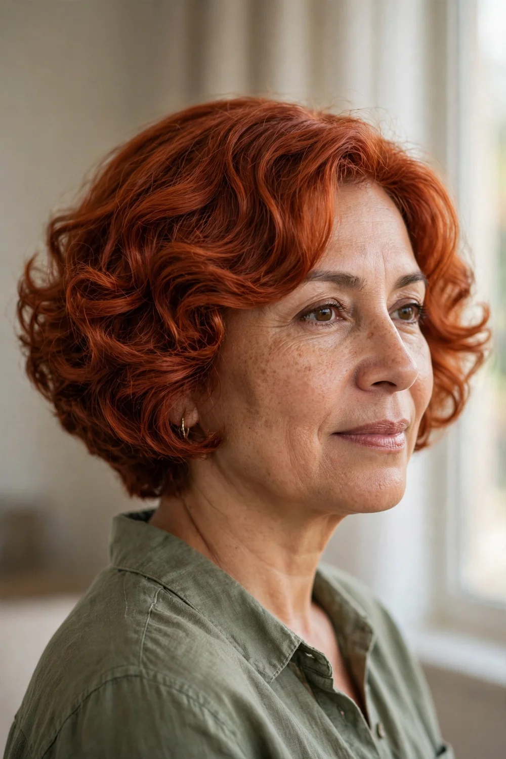 Woman with a copper-red graduated curly bob stacked shorter at the nape