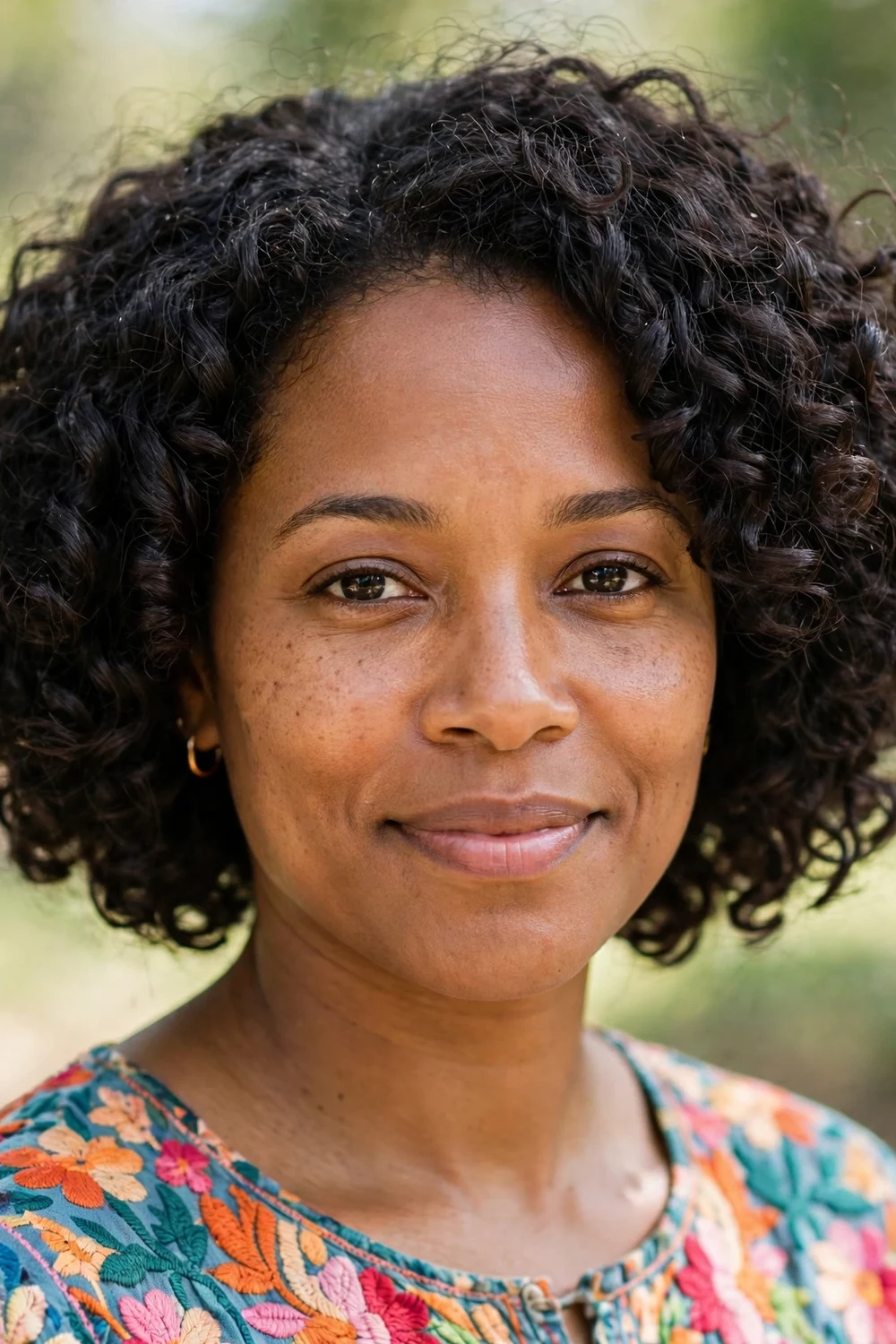 Woman with a curly bob haircut showing defined natural curls