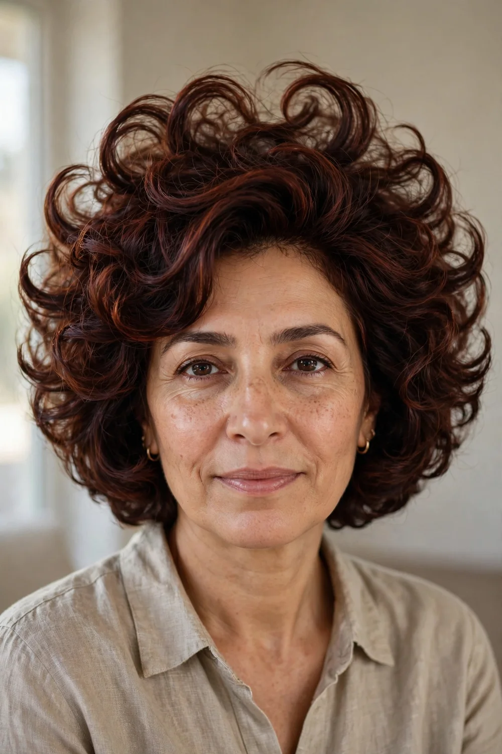 Woman with a curly bob cut with a halo layering technique lifting curls around the crown