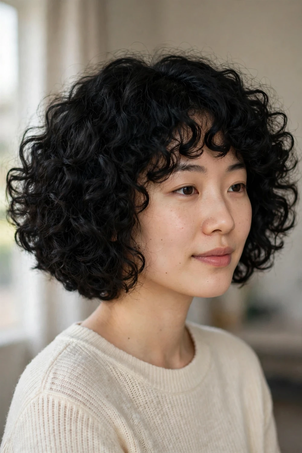 Woman with a curly bob featuring a hidden undercut on thick hair