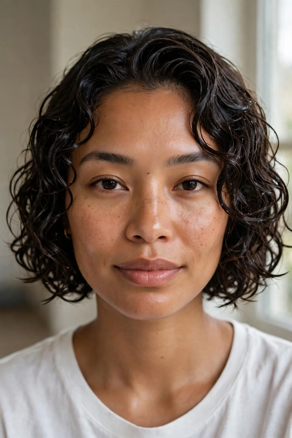 Woman with a wet-look hydro curly bob with glossy defined curls