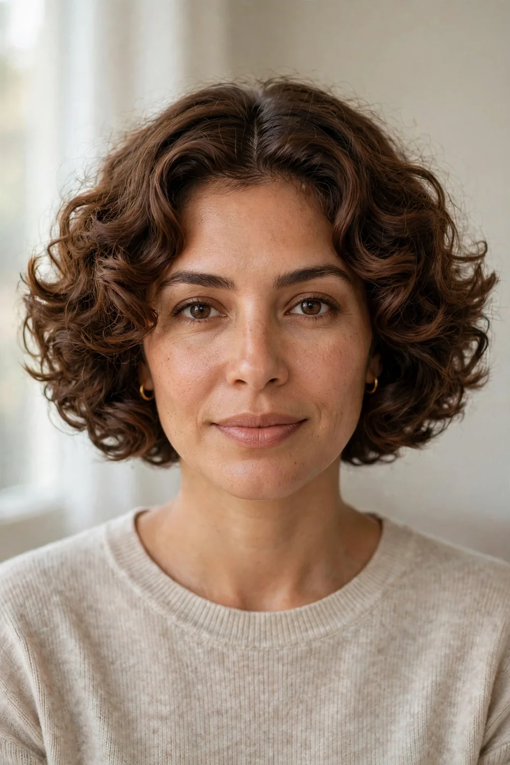 Woman with a curly Italian bob with ruffled texture and flipped ends