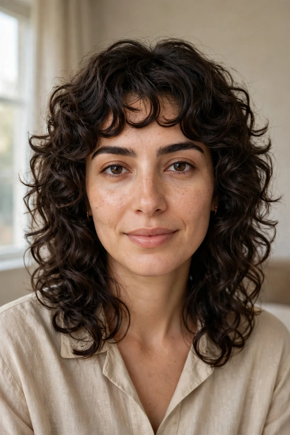 Woman with a curly kitty cut with long layers between collarbone and shoulders