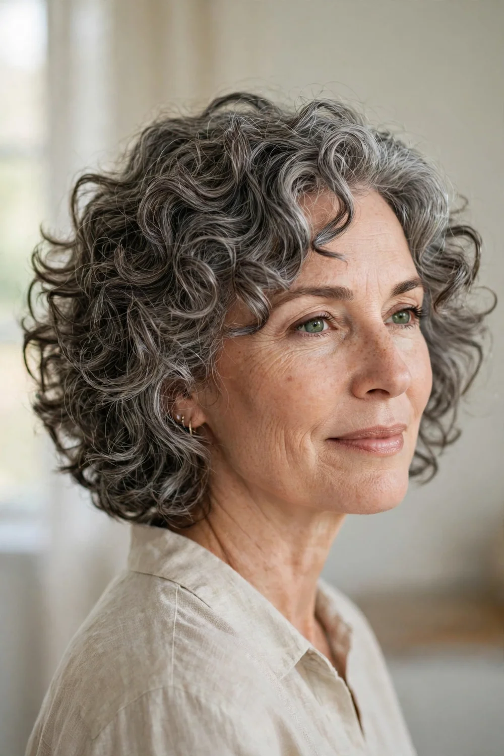 Woman with a curly layered bob with multiple lengths for volume