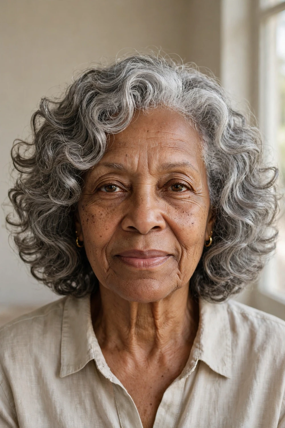 Curly layered bob with bounce on a woman over 60 with fine curly hair