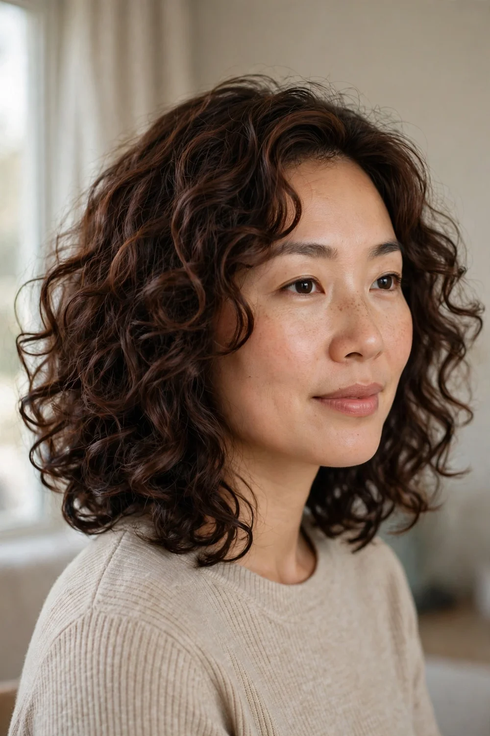 Woman with a curly lob, a long bob with curls past the shoulders