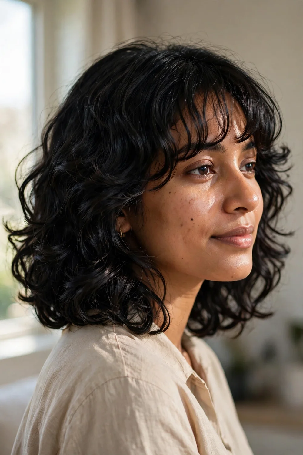 Woman with a long layered curly bob and soft curly bangs