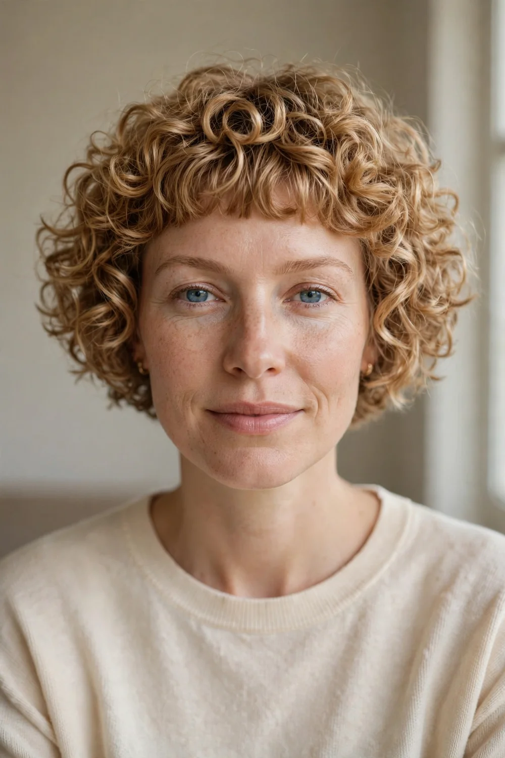 Woman with a curly mini bob falling close to the jawline with a mini fringe