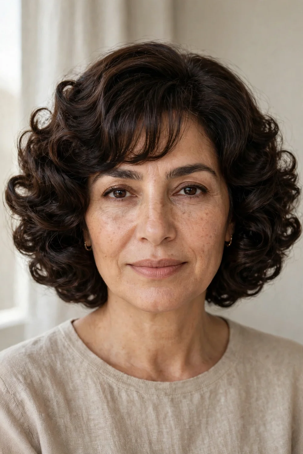 Woman with a luxurious old money curly bob with glossy voluminous curls