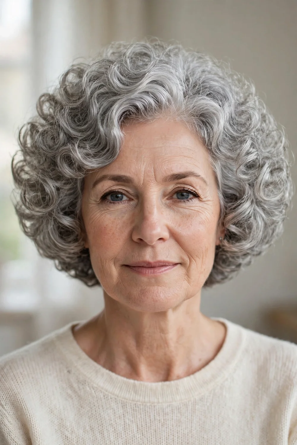 Woman with a silver-gray round voluminous curly bob with a circular silhouette
