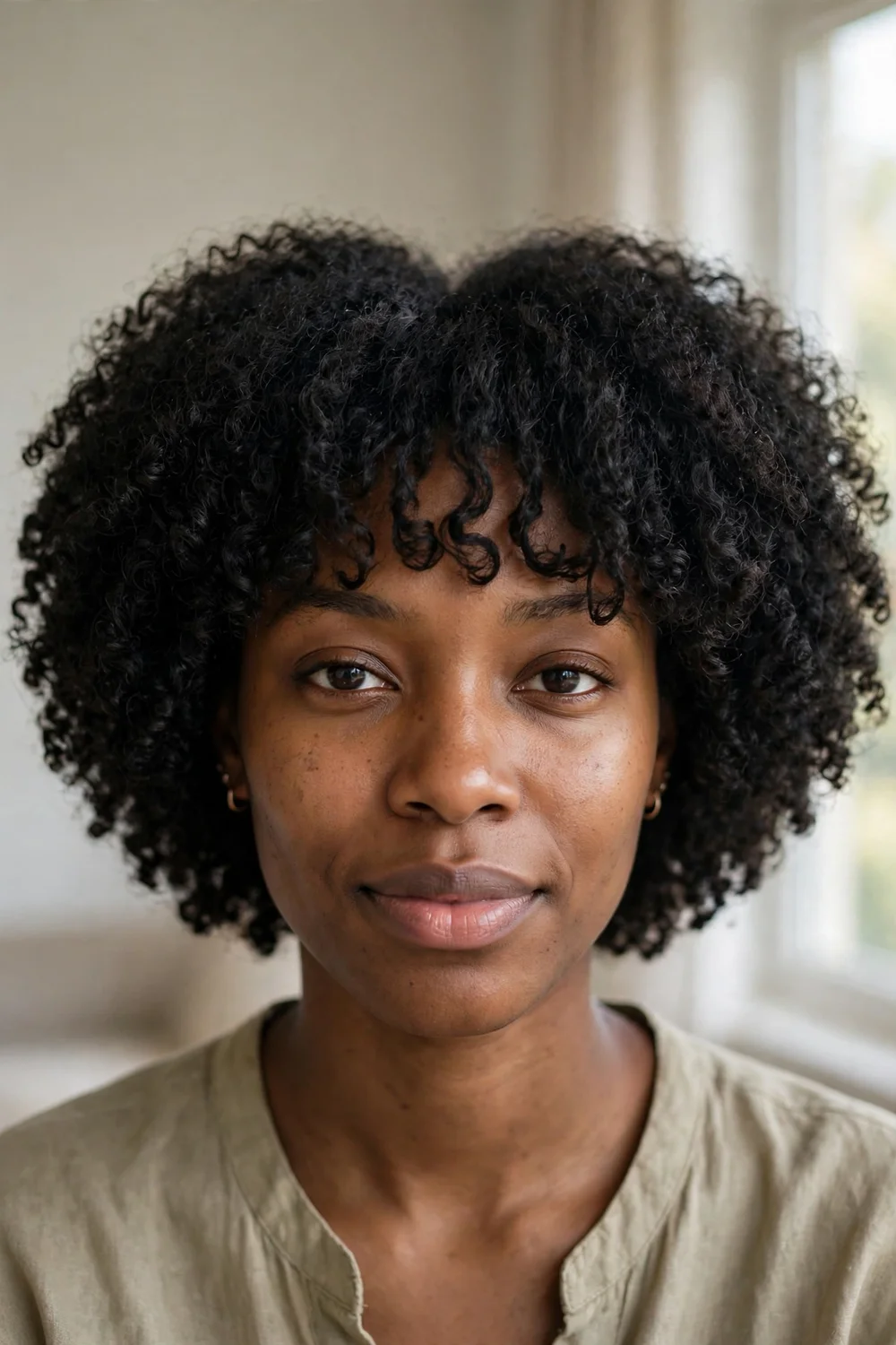 Woman with a rounded curly bob and a soft curly fringe