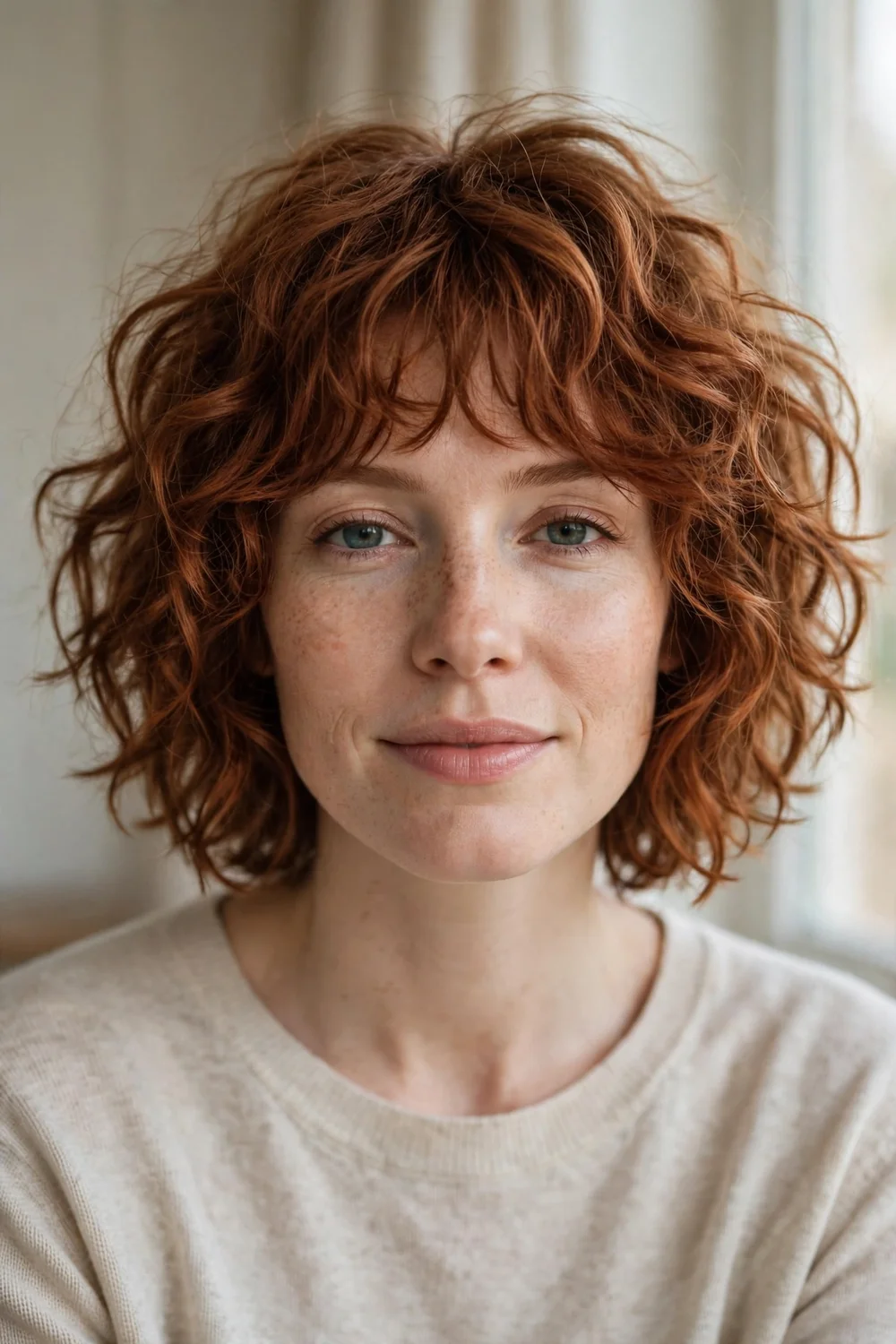 Woman with a curly shag bob with choppy textured layers around the face