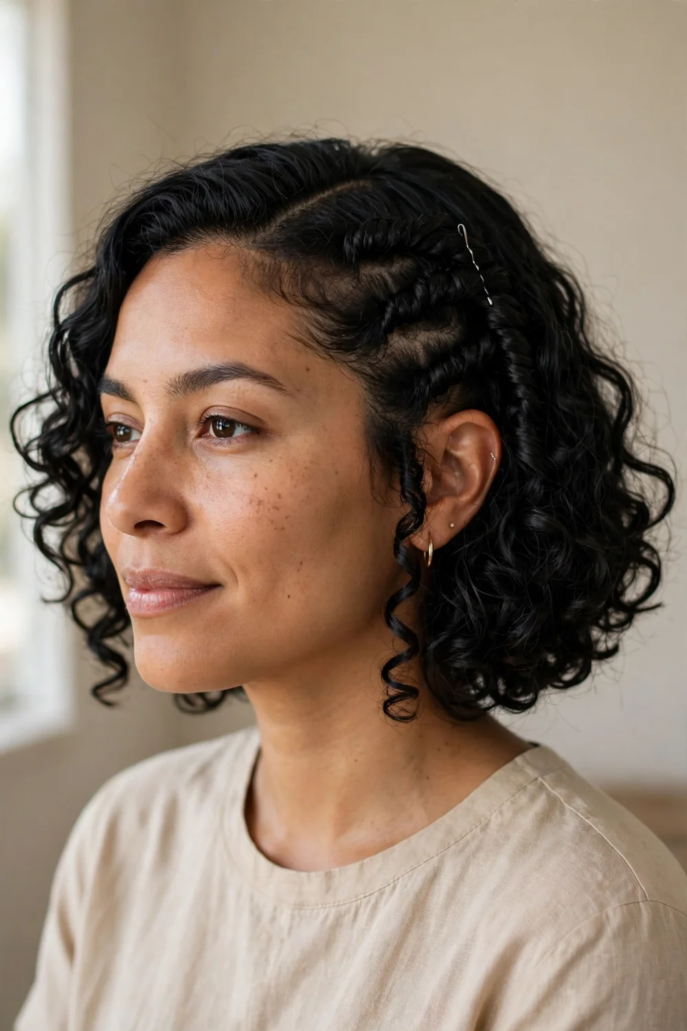 Woman with a curly bob styled with two side twists pinned above the ear