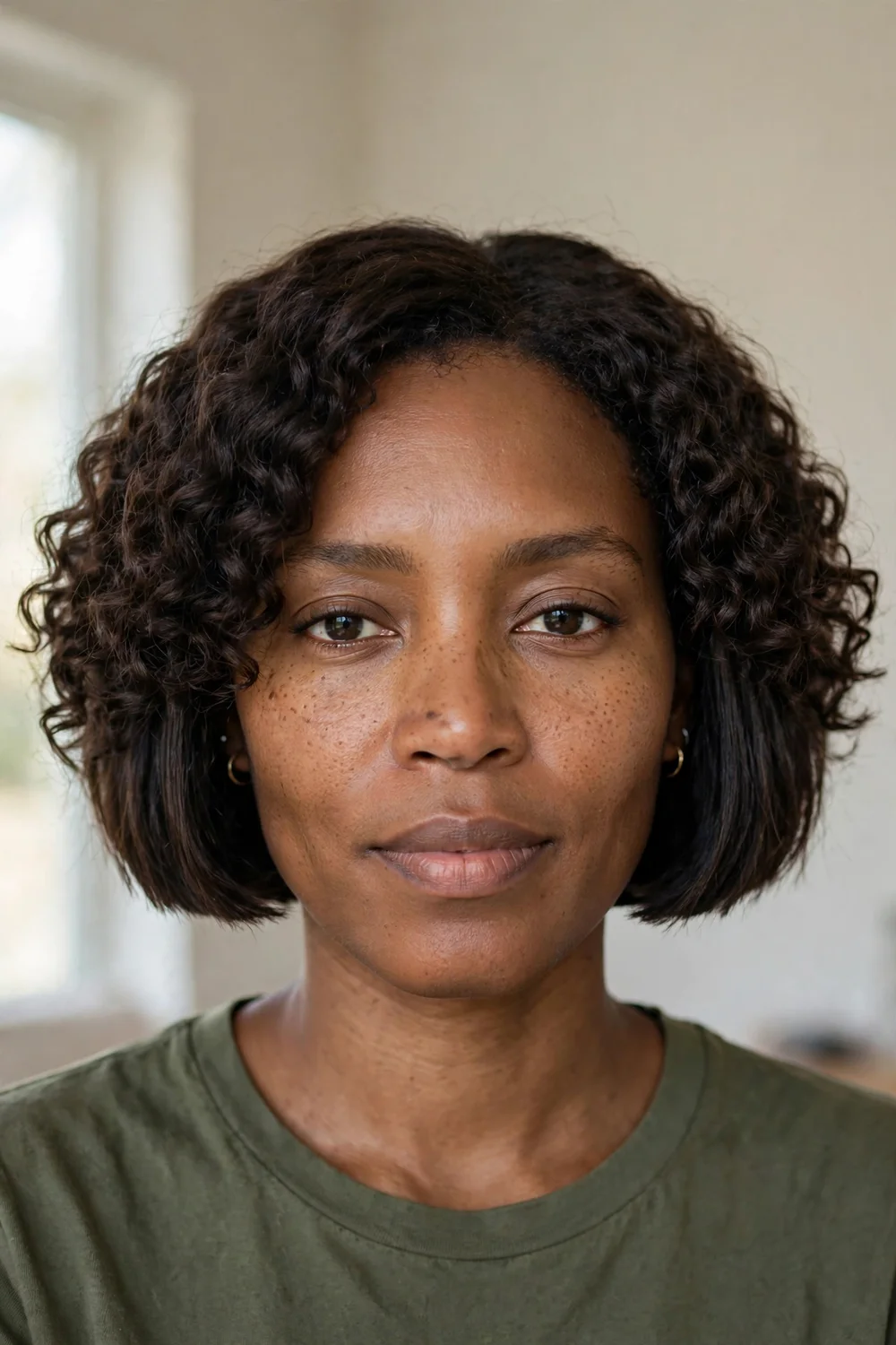 Woman with a square curly bob with a crisp straight perimeter line at the jawline
