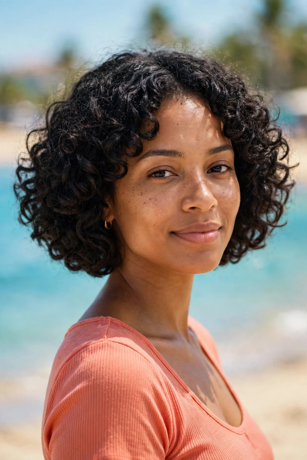 Woman with a chin-length curly bob, defined curls