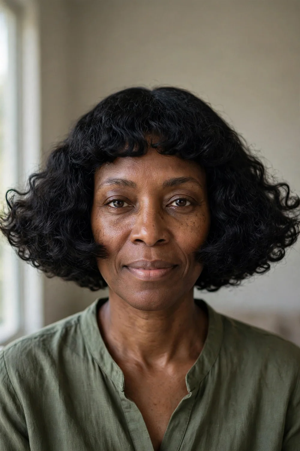 Woman with a triangular curly bob with volume at the cheekbones