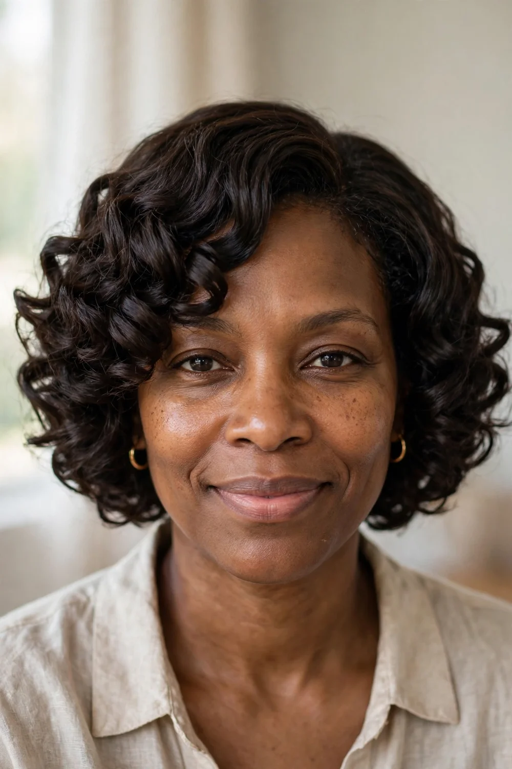Woman with a twist-out curly bob with smooth defined curls