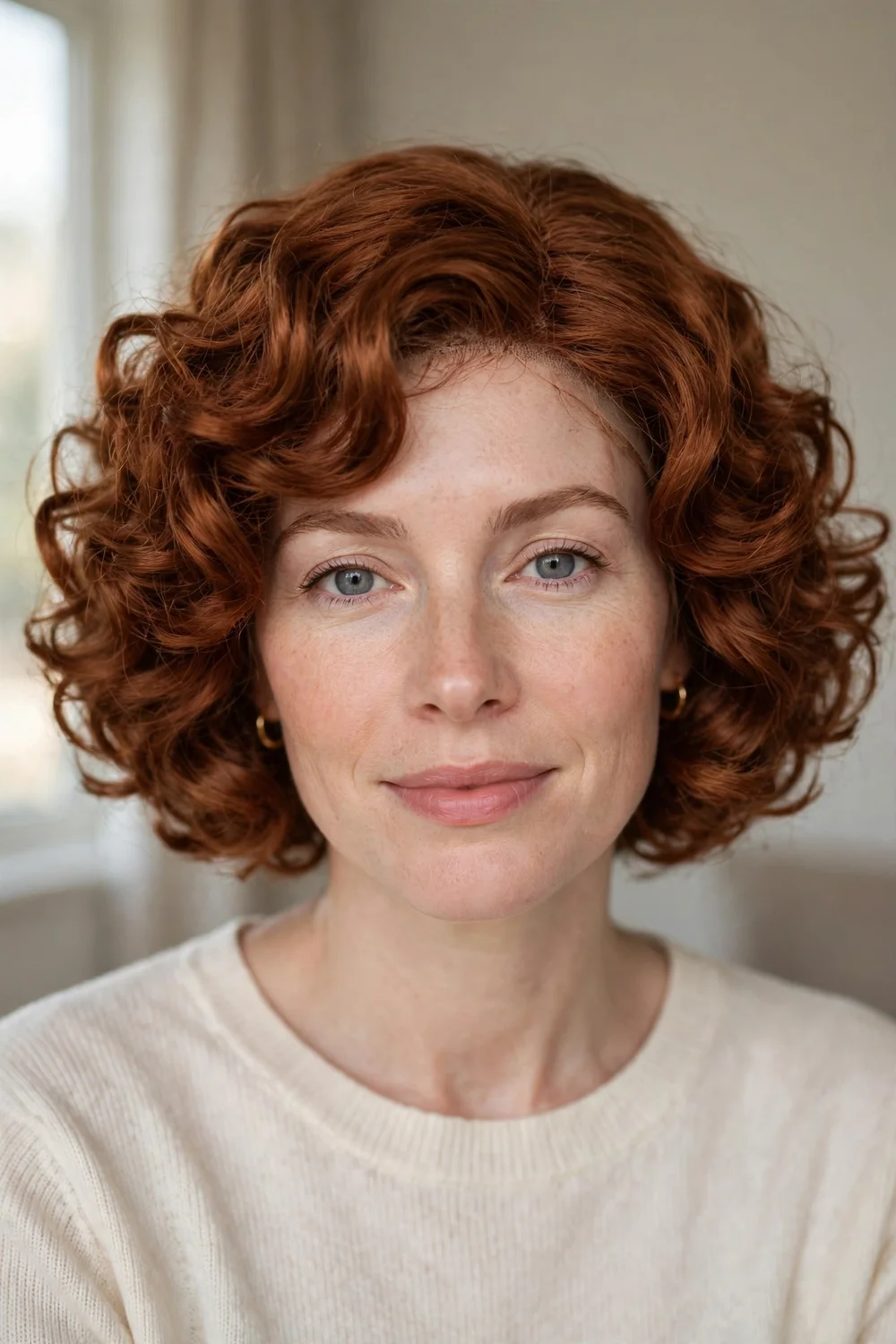 Woman wearing a natural-looking curly bob wig with a realistic hairline