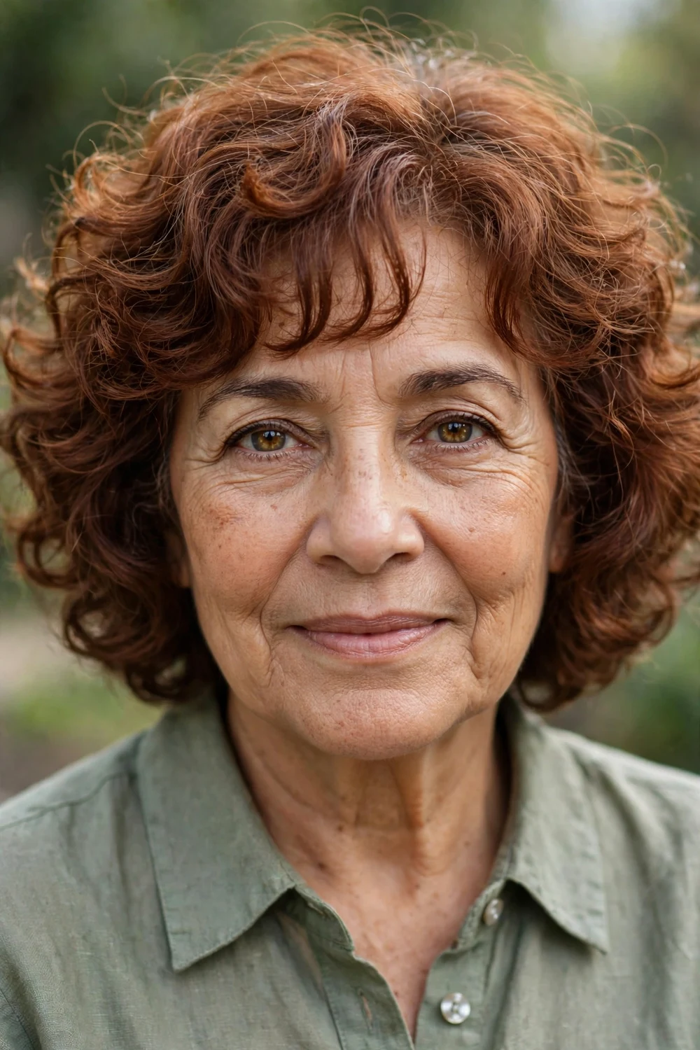 Woman with a curly bob and bangs on thick hair