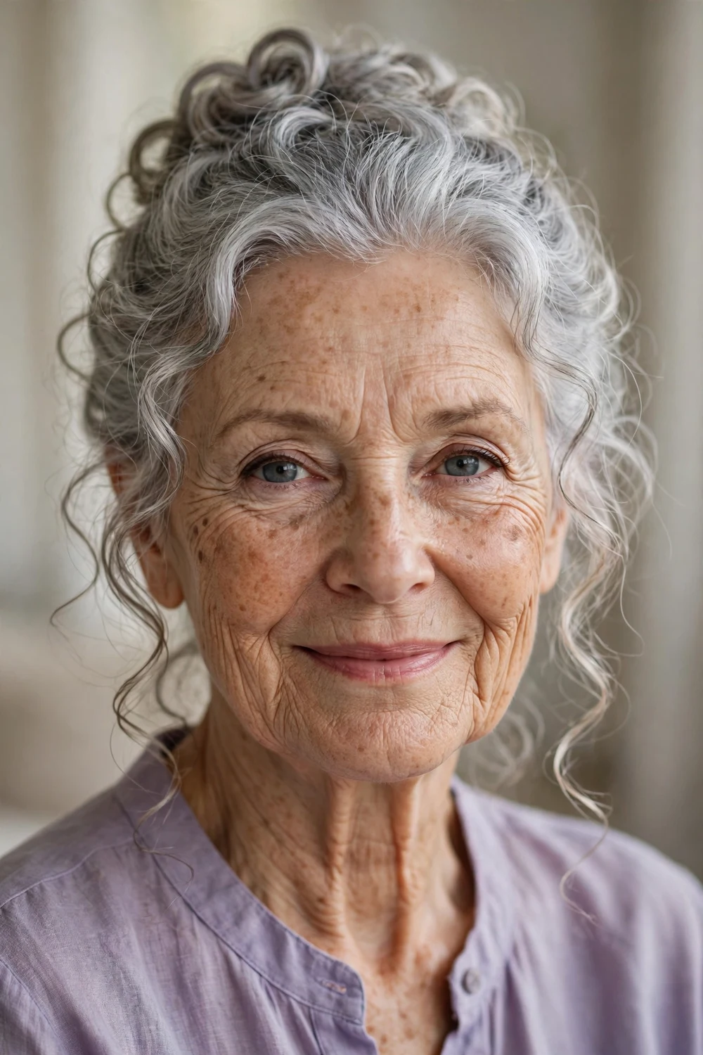 Curly bun updo with loose soft tendrils on woman over 60