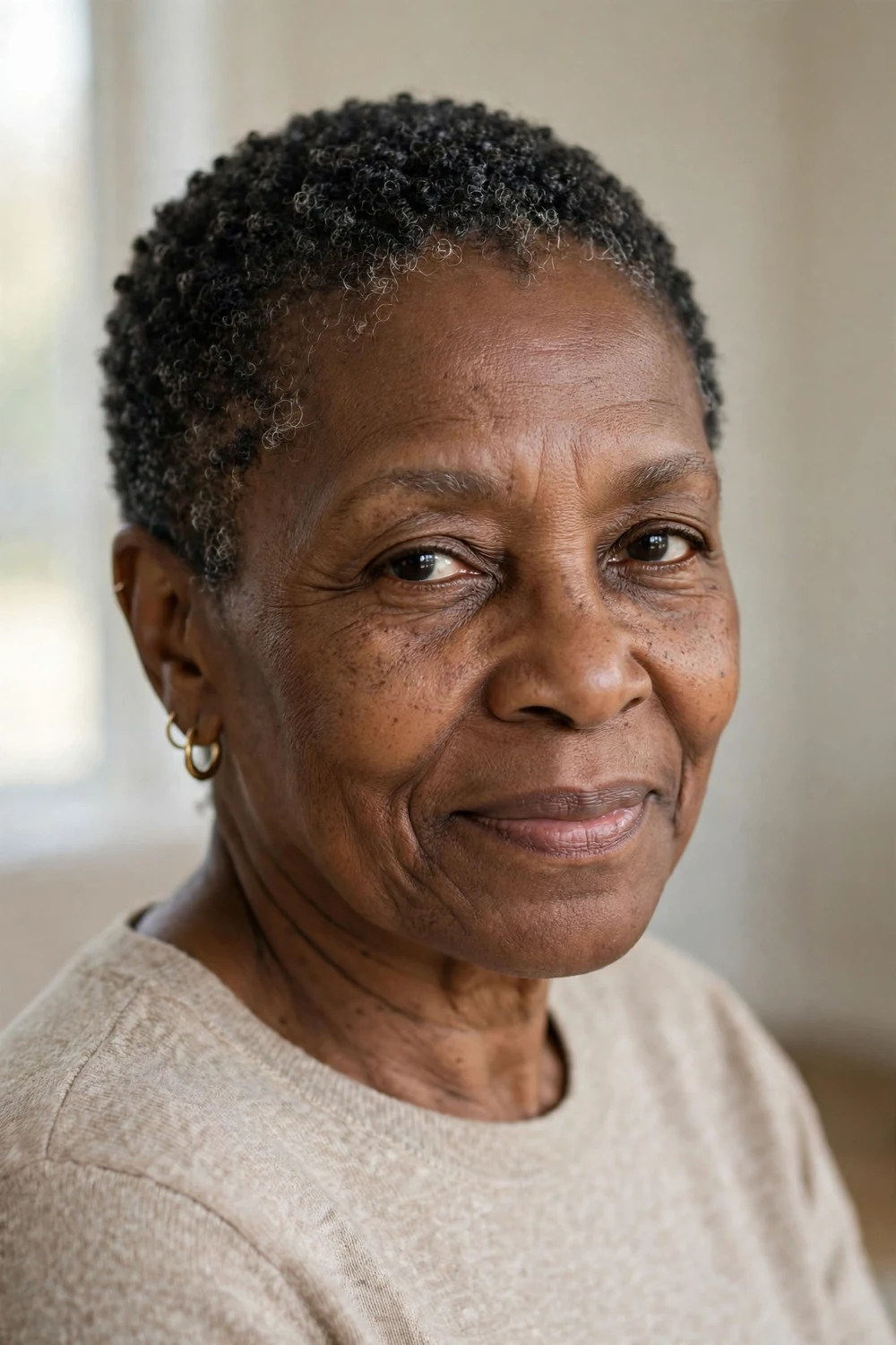 Woman in her 60s with a curly buzz pixie, hair clipped close showing tight curl texture