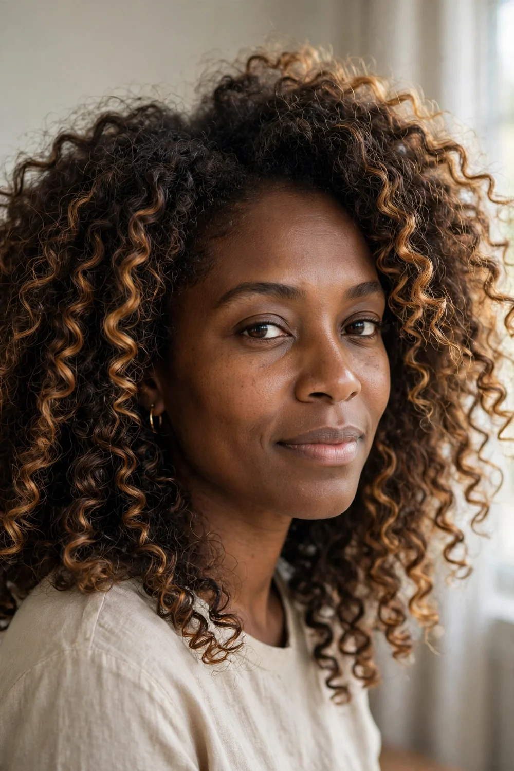 Woman with dark brown natural curls and caramel balayage dimension