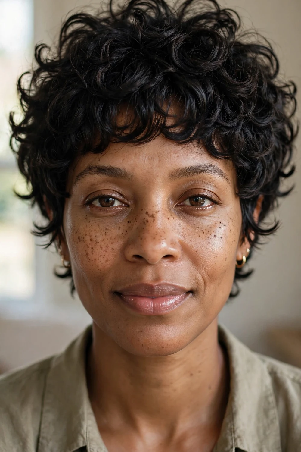 Curly choppy pixie with natural curls cut at different angles for a round shape