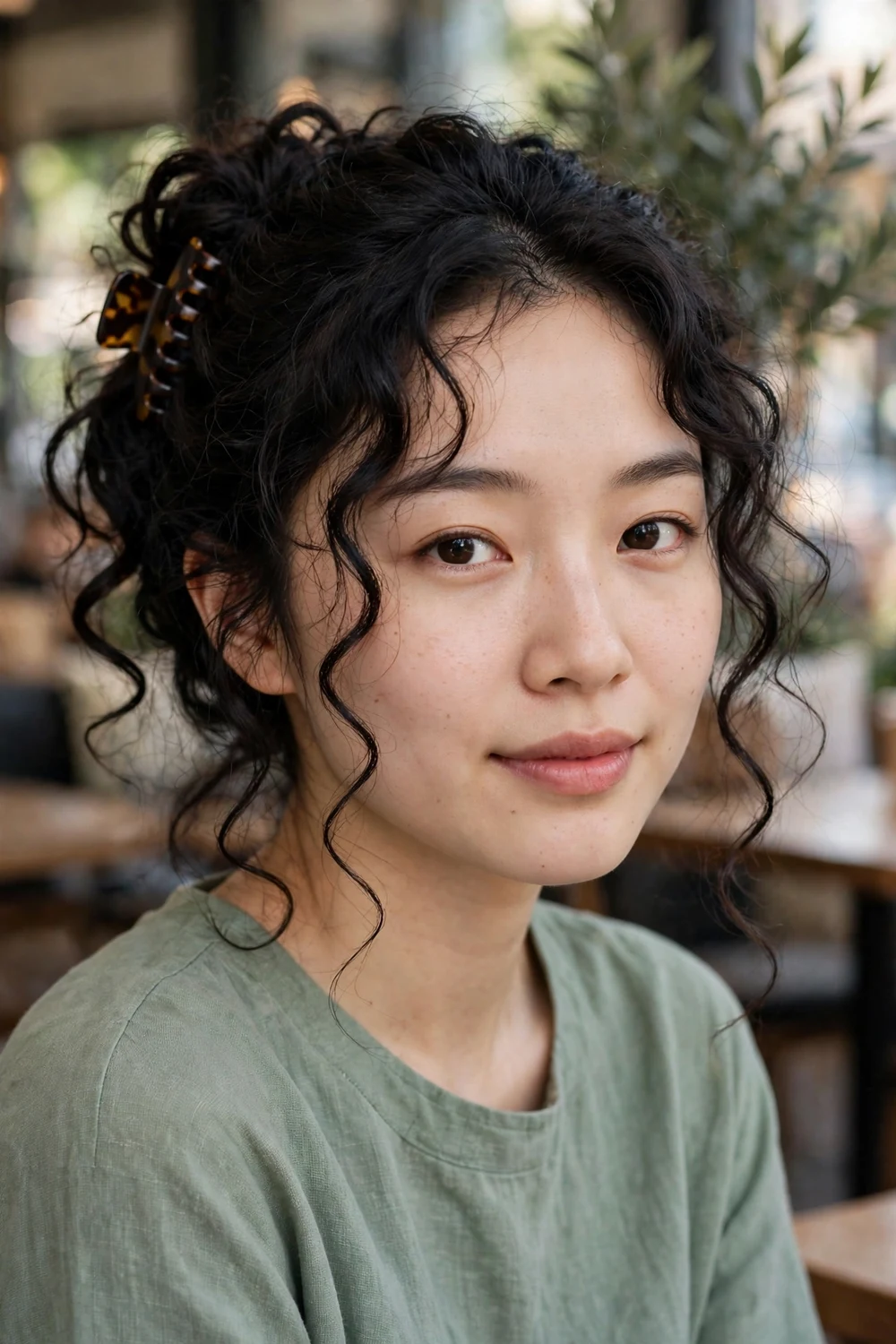 Woman with an oval face wearing a curly claw-clip updo with loose tendrils