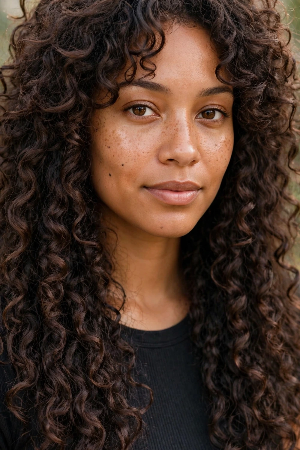 Woman with curly hair wearing a long shag haircut, dry-carved curl-by-curl layers with stacked volume at the crown