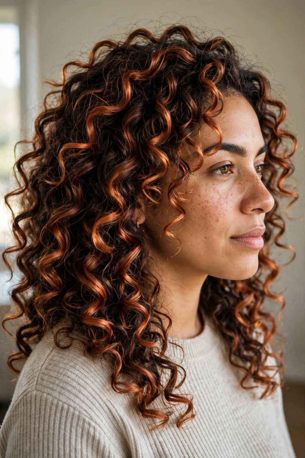 Curly cowboy copper balayage with multi-dimensional copper curls