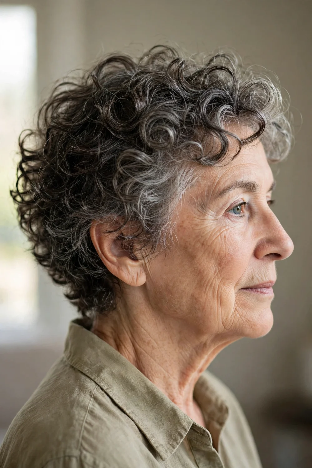 Older woman with a very short curly crop