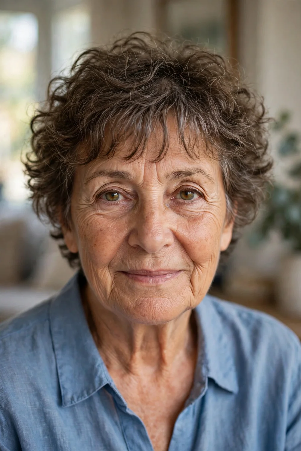 Curly crop with light wispy bangs on older woman