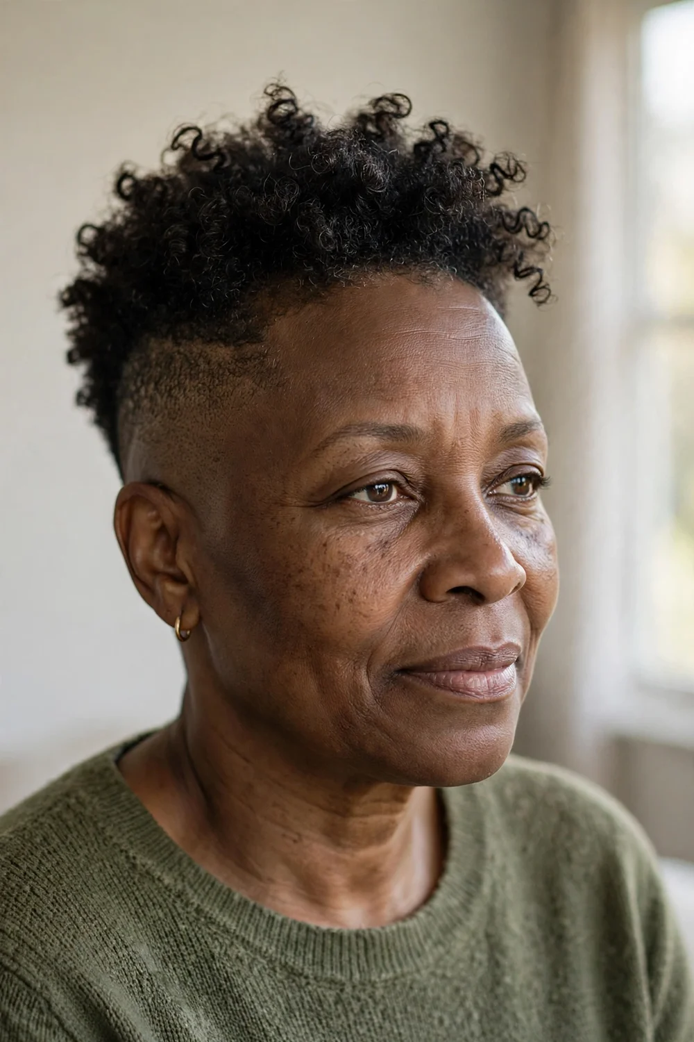 Older Black woman with natural curls on top and a mid fade on the sides