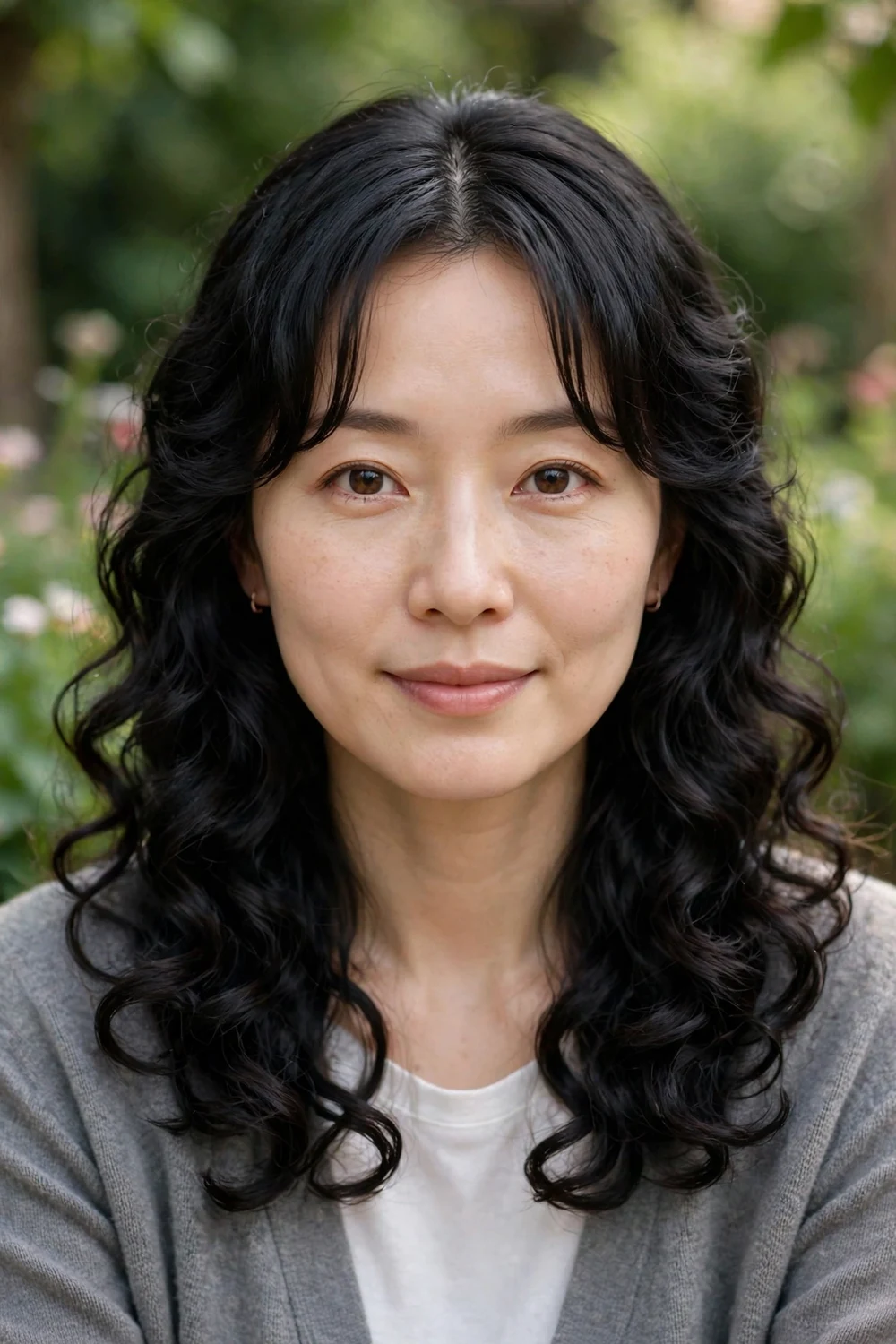 Woman with an oval face wearing long black curls with curtain bangs parted in the middle