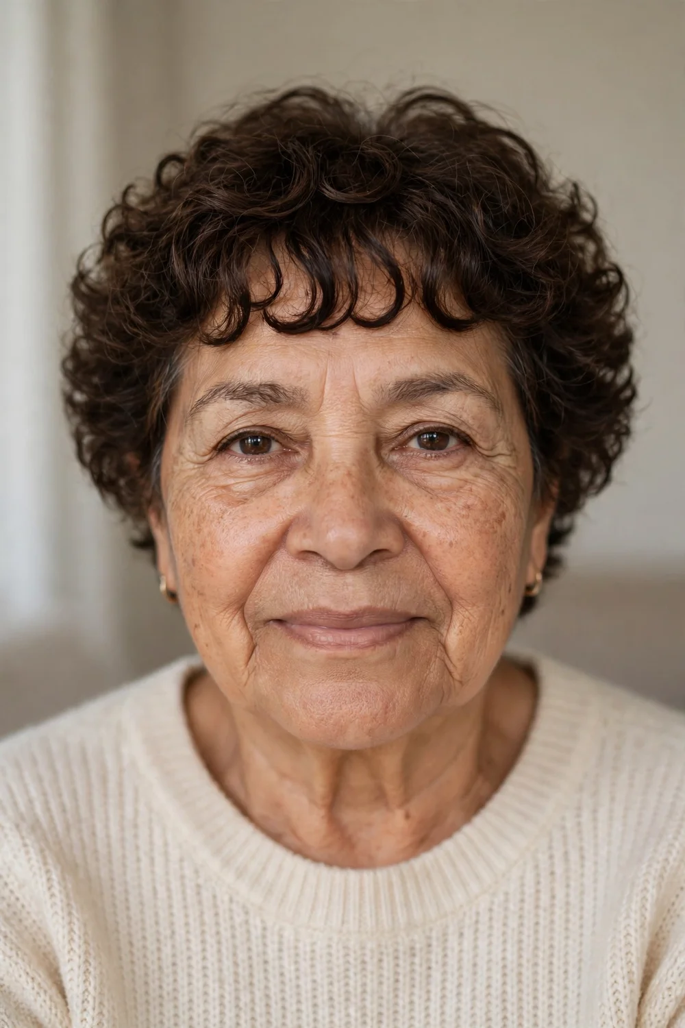 Older woman with a short curly cut and curly bangs