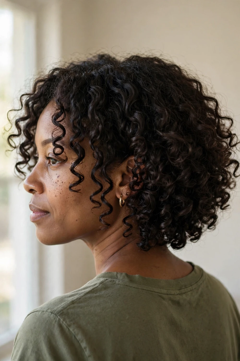 Woman with dark curly hair in a curly bob with shorter nape layers and longer face-framing curls