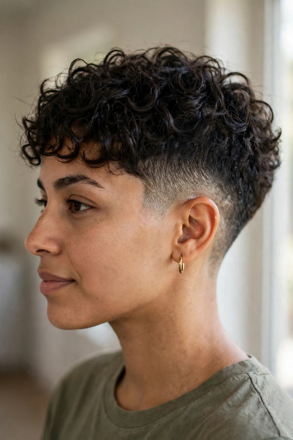 Curly fade pixie with bangs and faded sides