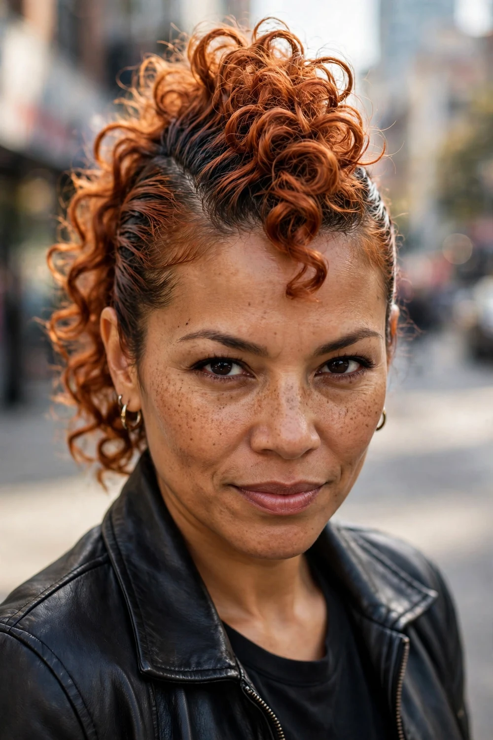 Woman with an oval face wearing a curly faux hawk with sides pulled back and curls gathered in the center