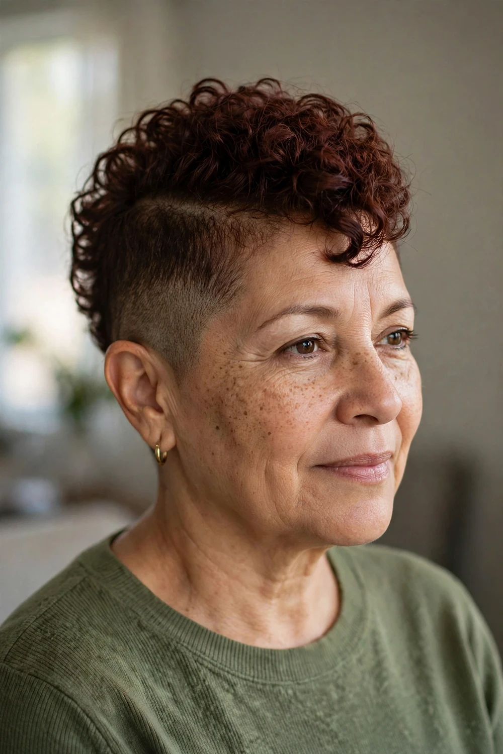 Woman in her 50s with a curly faux hawk pixie, bold center strip of curls