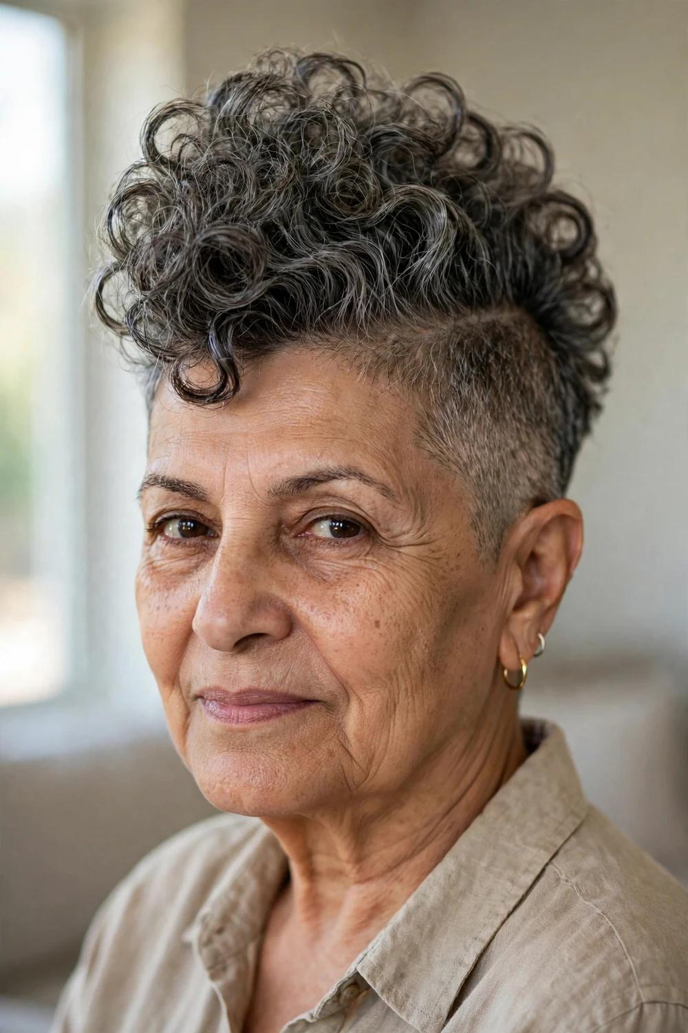Woman in her 60s with a curly faux hawk pixie, short sides and curls shaped up the center