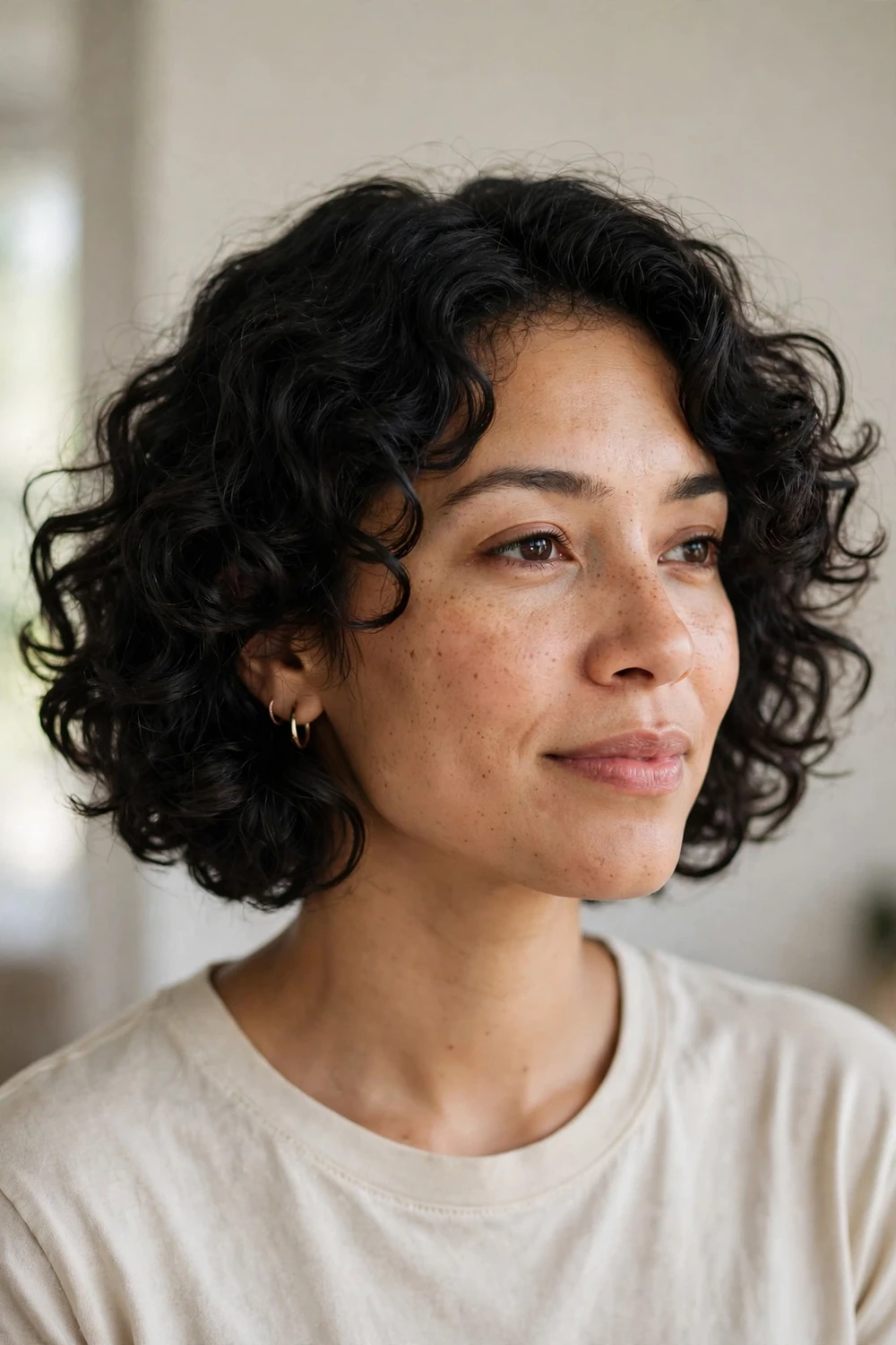 Woman with black curly hair in a jaw-length curly French bob with light layers
