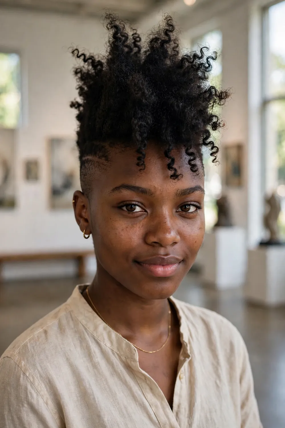 Black woman with a curly frohawk, short sides and height through the center