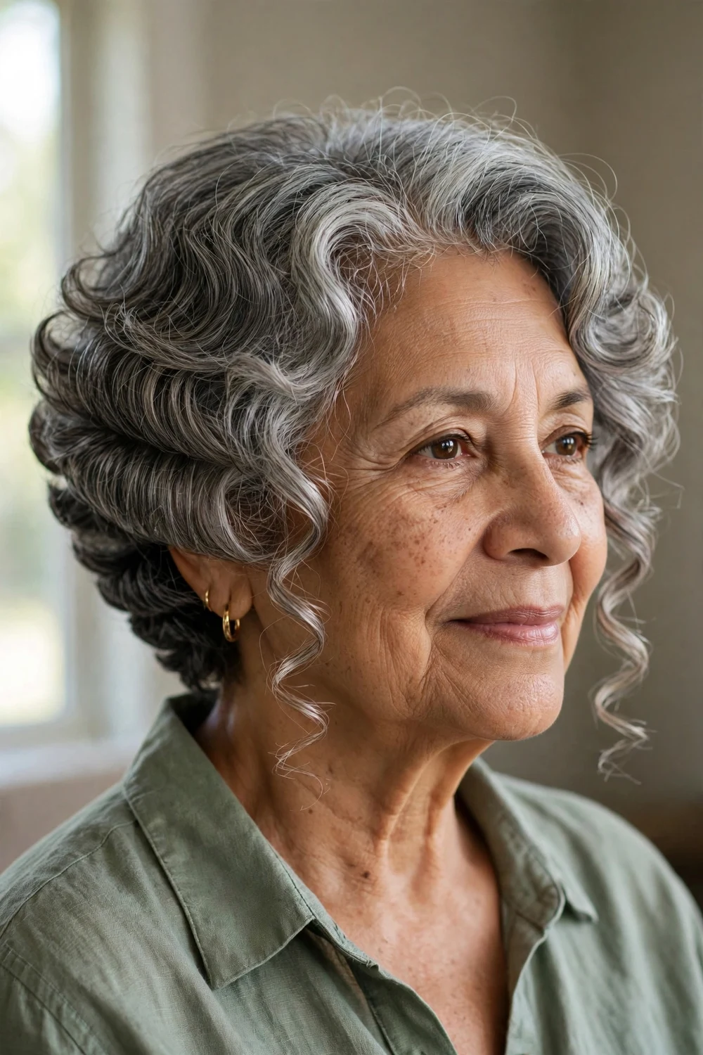 Woman over 60 with curly graduated bob with stacked back and longer front curls